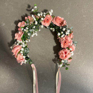 Divine Splendor Flower Crown , Handcrafted with the Finest Faux Pink Roses, Eucalyptus Sprigs and Babies Breath